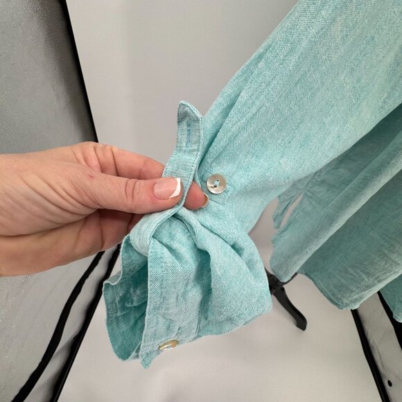 Susan Graver Womens Linen Blend Oversized Button Down Shirt 3X Aqua Blue Long Sl - Picture 4 of 8